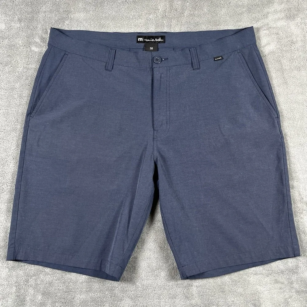 Travis Mathew Men Golf Shorts Flat Front Dark Blue Navy Polyester Stretch Sz 38